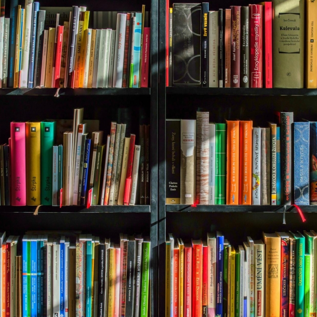 books in black wooden book shelf